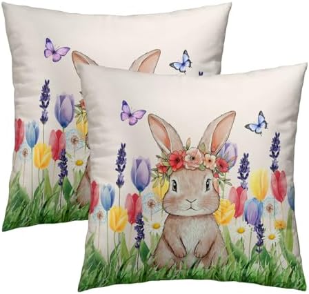 Easter Bunny with Flower Wreath Throw Pillow Covers 24X24 Inches Set of 2 Spring Colorful Tulip Butterflies Pillowcase Soft Cotton Square Seasonal Cushion Covers for Living Room Sofa Bedroom Decor by Sweetshow
