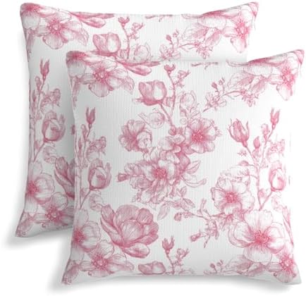 KiuLoam Pink Floral Pillow Covers 24x24 Inch Set of 2, Chinoiserie Ink Line Flower Farmhouse Decorative Throw Pillows, Vintage Rustic Outdoor Square Cushion Cases for Sofa Couch Bed Home Decor by KiuLoam