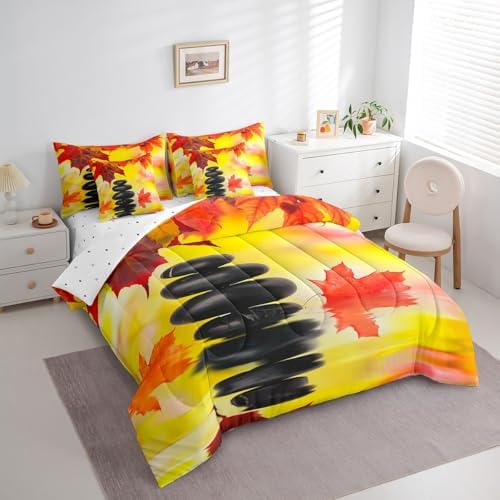 Autumn Zen Stone Full Comforter Set 7 Piece,Fall Leaves Bed in a Bag,Lake View Fall Decorations for Home Bedding Sets with 1 Comforter,2 PillowShams,2 Pillowcases,1 Flat Sheet,1 Fitted Sheet - Image 2