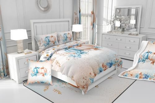 Erosebridal Blue Fall Decor Bedding Sets Twin - Autumn Fall Pumpkin Comforter Set for Kids Adults Eucalyptus Flowers Duvet Insert Thanksgiving Harvest Farmhouse Quilt - Image 7