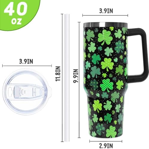 St Patricks Day Tumbler with Handle 40 oz Green Lucky Shamrock Coffee Travel Mug Stainless Steel Insulated Cup Irish Saint Patricks Decor Gifts - Image 3