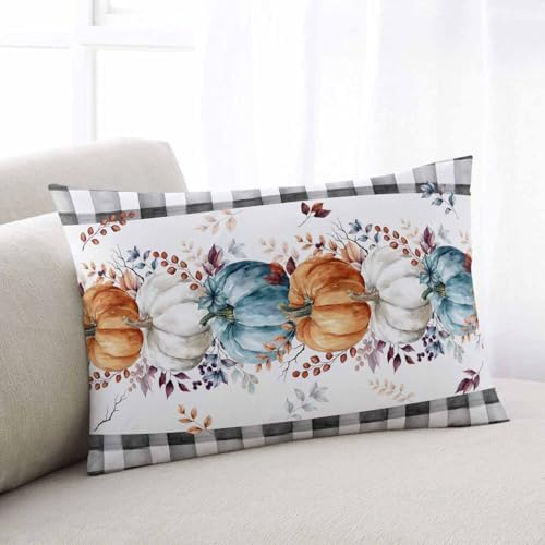 Pillow Covers 20x30 Inch - Queen Fall Blue Orange and White Pumpkin Black Plaid Soft Brushed Microfiber Pillowcases with Hidden Zipper Closure Bed Pillow Shams for Bedroom Sofa Car - Image 2