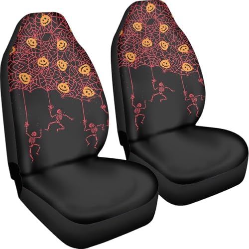 Red Spider Web Skeleton Black Halloween Print Car Seat Cover Colorful Cute Print Front Seat Covers 2 pcs, Vehicle Seat Protector Car Mat Covers, Fit Most Vehicle, Cars, Sedan, Truck, SUV, Van