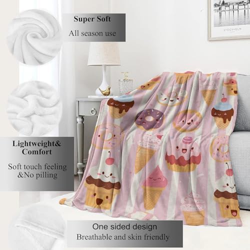 Cute Dessert Blanket Donut, Ice Cream and Cupcake Pink Throw Blankets,Birthday Gifts for Kids Girls Women,Lightweight Soft Fleece,Sweet Food Lovers,Sofa Couch Bed Room Modern Decor 50x60in - Image 2