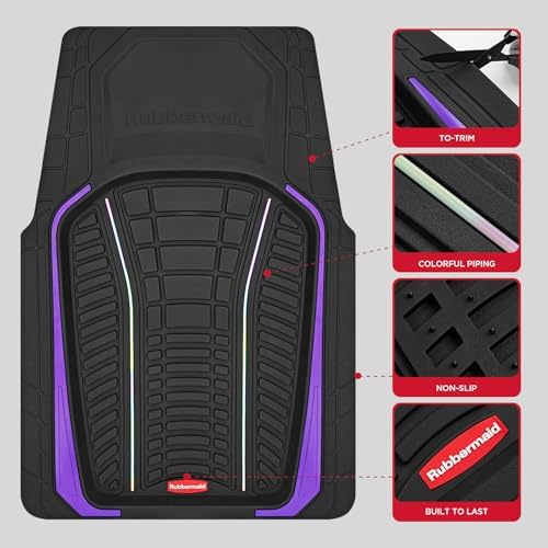 Rubbermaid Car Floor Mats Full Set – Premium All-Weather Car Mat with Brushed Aluminum Inserts, Universal Trim-to-Fit Design, Anti-Slip Backing for Cars, SUVs, Trucks, and Vans