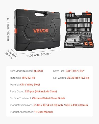 VEVOR Socket Set, 225 Pieces, 3/8 & 1/4 & 1/2 inch Drive Socket and Ratchet Set, SAE and Metric, Deep and Shallow, Mechanic Tool Kit with Bits, Accessories, Storage Case, CR-V Alloy Steel, for Repair - Image 7