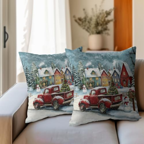 Christmas Throw Pillow Covers 20x20 Set of 2 Winter Red Truck Snowman - Image 4