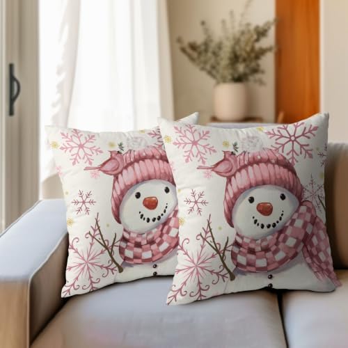 Christmas Pink Throw Pillow Covers 16x16 Set of 2 Winter Snowman Bird - Image 4
