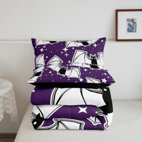 Feelyou Halloween Bedding Set for Girls Boys Kids Queen Size Black Bats Animal Print Silhouette Comforter Cover Room Decor Happy Holiday Cute Star Print Luxury Duvet Cover Light Purple Quilt Set - Image 3