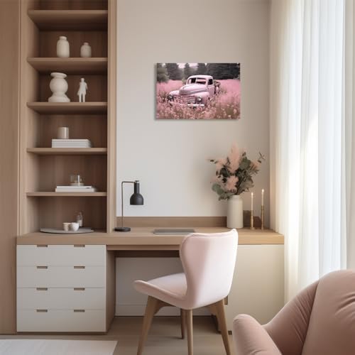 QIXIANG Farmhouse Truck Wall Art for Bedroom Decor Pink Truck and Flowers Picture Prints on Canvas for Bathroom Home with Framed (20.00" x 30.00", Pink) - Image 3