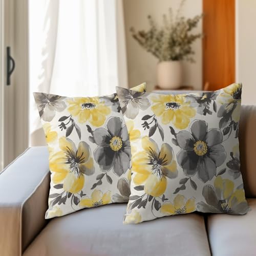 Summer Pillow Covers 20x20 Inch Set of 2, Floral Throw Pillow Covers Yellow Gray Pillowcase, Watercolor Decorative Seasonal Spring Flower Cushion Case Couch for Indoor Outdoor Home Decor - Image 3