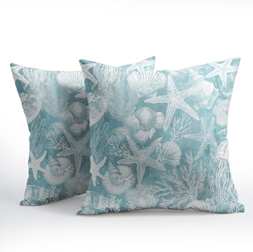 Summer Pillow Covers 24x24 Inch Set of 2, Teal Blue Throw Pillow Covers Ocean Beach Pillowcase, Coral Starfish Decorative Seasonal Cushion Case Couch for Indoor Outdoor Home Decor - Image 2