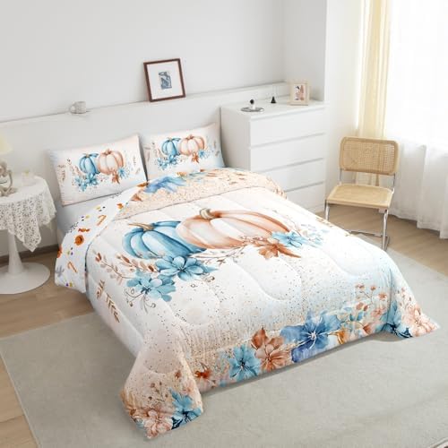 Erosebridal Blue Fall Decor Bedding Sets Full - Autumn Fall Pumpkin Comforter Set for Kids Adults Eucalyptus Flowers Duvet Insert Thanksgiving Harvest Farmhouse Quilt - Image 5