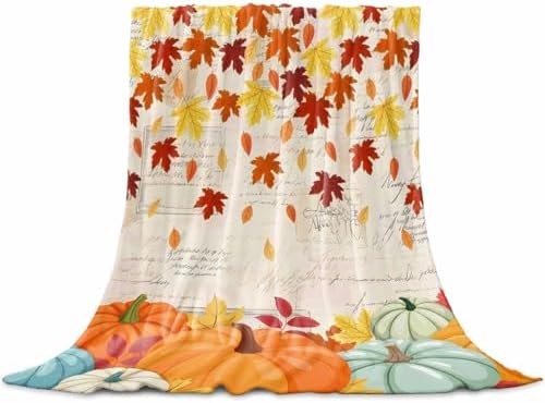 DecorLovee Orange Fall Blanket 40"x50", Reversible Thanksgiving Pumpkins Throw Blanket for Couch/Bed/Camping, Maple Leaf Retro Lightweight Soft Throw Blankets for Girls, Warm Fuzzy Blankets for Winter by DecorLovee