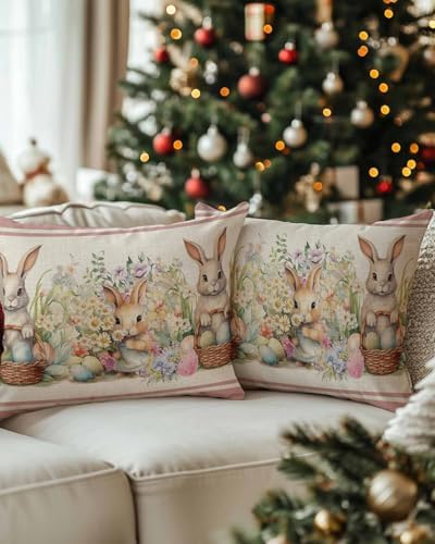 JasmineM Happy Easter Bunny Pillow Covers 12x20 inch Set of 2, Spring Florals Colorful Eggs Decorations Outdoor Throw Pillow Covers, Cotton Linen Lumbar Pillowcases for Sofa Couch Bedroom Decorative - Image 2