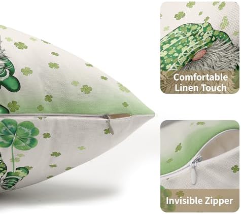 St Patricks Day Pillow Covers 12x20 Set of 2 Shamrock Gnome Throw Pillow Covers Rustic Spring Pillowcase Linen Decoration Farmhouse Decorative Sage Green Cushion Case Couch for Indoor Home Decor - Image 5