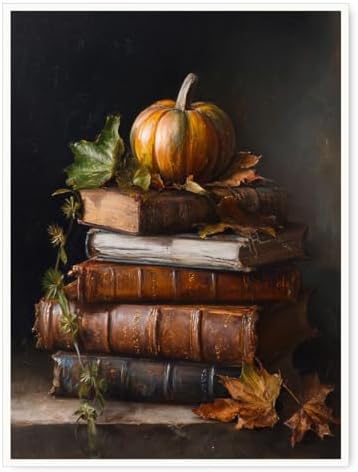 Vintage Pumpkin Still Life Wall Art – Antique Books with Fall Leaves Canvas Print,Dark Academia Autumn Aesthetic Poster for Reading Nook Decor 24x36in Unframed by Unknown
