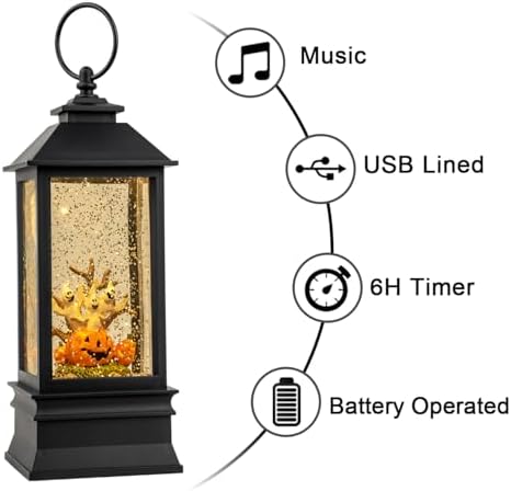 Halloween Snow Globe Lantern Water Glittering Spooky Ghosts in Pumpkins with Music, USB Lined/Battery Operated Lighted Lantern for Halloween Festival Decoration Gifts - Image 4