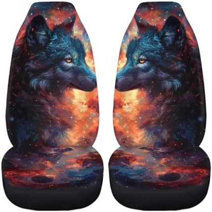 Galaxy Wolf Print Car Seat Covers Full Set of 2 Automobile Front Seat Covers Vehicle Accessories Cushion Pad Mat for SUV Trucks Chairs Vans Auto