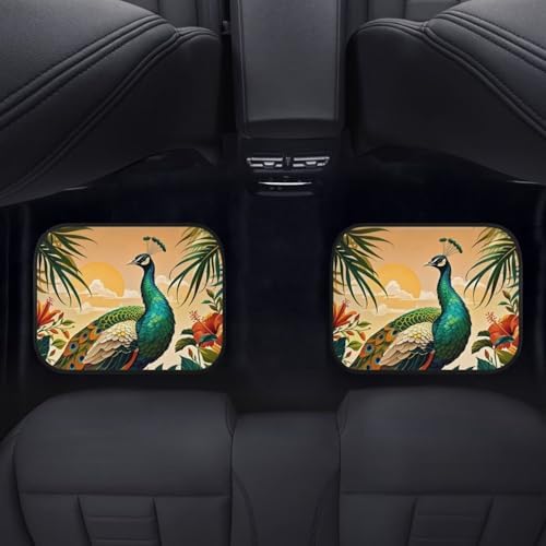 Peacock Car 4 Piece Floor Mat Set, Hibiscus Tropical Floral Universal Fit Protection Heavy Duty Heel Pad Car Mats, Sunset Monstera Car Floor Front and Rear 2 Rows Set