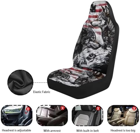 American Flag Front Car Seat Covers Set of 2, Grey Wolf Print Breathable Decorative Seat Protectors, Easy Install Stretch Fit for SUV Sedan Truck