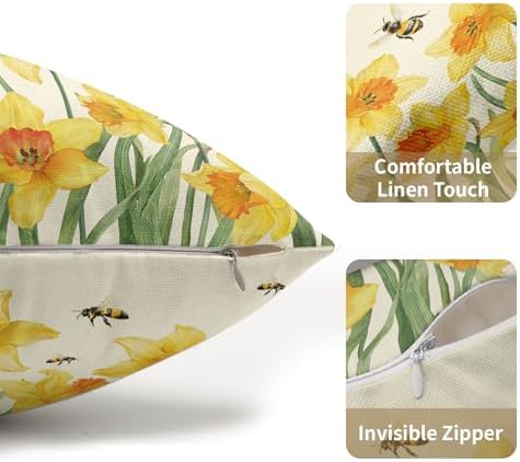 Spring Pillow Covers 12x20 Set of 2 Yellow Floral Throw Pillow Covers Rustic Flower Pillowcase Linen Decoration Farmhouse Soft Decorative Bee Summer Cushion Case Couch for Indoor Outdoor Home Decor - Image 5