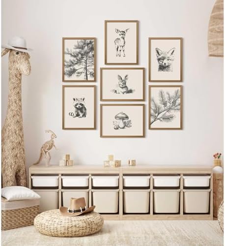 Nursery Wall Art Woodland Animal Canvas Wall Decor Baby Room Pictures Forest Animal Prints Kids Wall Art Pine Tree Poster Nature Vintage Artwork Deer Fox Painting for Bedroom 12x16x7 Inch Framed - Image 3