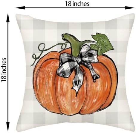 Fall Orange Pumpkin Pillow Covers 18x18 Set of 2 Grey Buffalo Plaid - Image 2