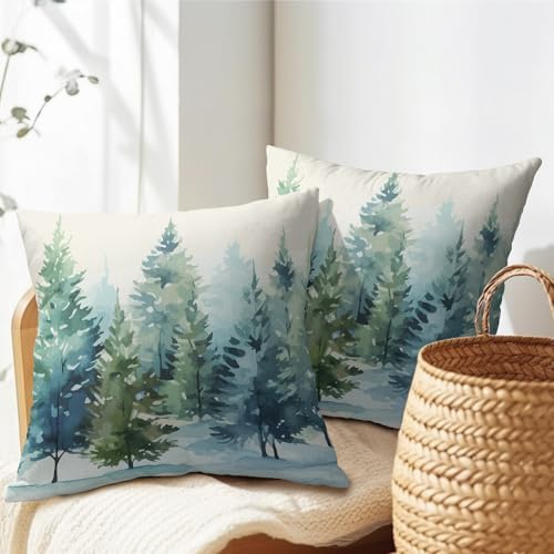 Watercolor Christmas Tree Pillow Covers 22x22 Set of 2 Blue Green Xmas Print Vintage Decorative Outdoor Throw Pillow Cases Rustic Winter Holiday Decoration Farmhouse Sofa Couch Cushion Cover Bed Decor - Image 2