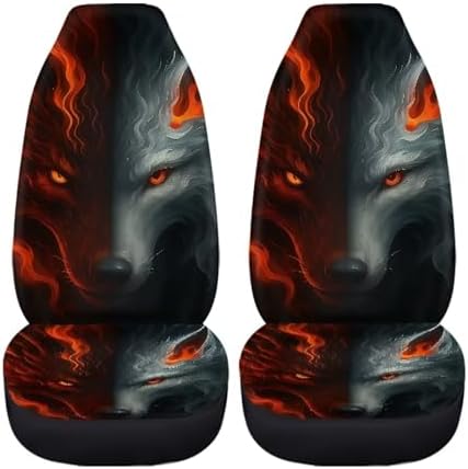 Black-red Wolf Print Car Seat Covers Set of 2 Elastic Fabric Front Bucket Seat Covers Halloween Stretch Seats Protector Universal Fit Car Interior Decor