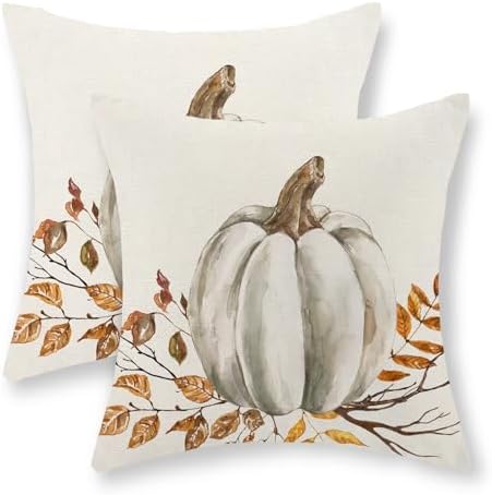 Fall Pillow Covers 18x18 Set of 2 White Pumpkin Leaf Branch Fall Decor Pillowcase Autumn Harvest Thanksgiving Decorative Outdoor Throw Pillow Covers Linen Farmhouse Cushion Case for Couch Home by Gohdiwh