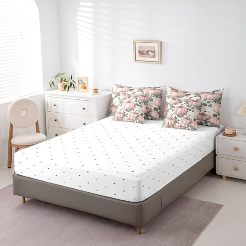 Erosebridal Retro Pink Pumpkin Bedding Set 7 Piece Eucalyptus Leaves King Comforter Set for Girls Women Autumn Farmhouse Thanksgiving Fall Bed in A Bag Cute White Floral Sheet Set with Comforter - Image 5