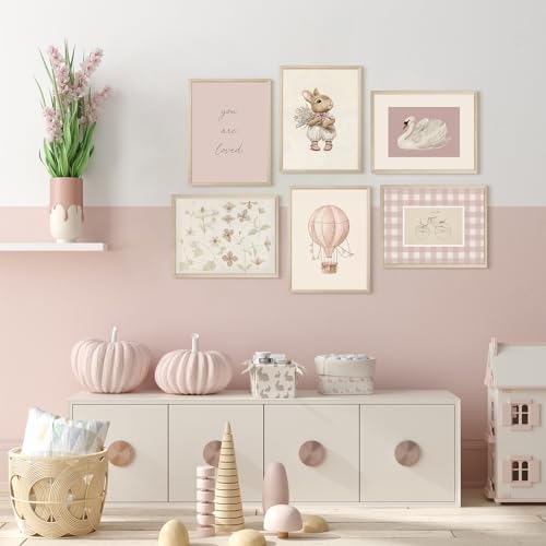 Pink Nursery Wall Art Baby Girl Canvas Wall Decor Vintage Poster Bunny Flower Wall Art Antique Preppy Pictures Animal Floral Prints Kids Swans Painting for Girls Room Bedroom 12x16x6 Inch Wood Framed - Image 3
