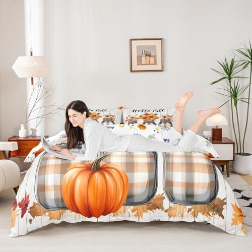 Erosebridal Fall Pumpkin Harvest Bedding Set Twin, Happy Thanksgiving Duvet Cover for Kids Teens Adult Bedroom, Sunflower Maple Autumn Leaves Comforter Cover Rustic Farmhouse Barn Door Bed Set - Image 3