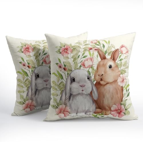 Easter Pillow Covers 22x22 Set of 2 Spring Throw Pillow Covers Rustic Cute Bunny Rabbit Pillowcase Linen Decoration Farmhouse Soft Decorative Floral Cushion Case Couch for Indoor Outdoor Home Decor - Image 2