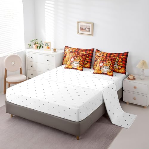 Erosebridal Pumpkin Car Bed in A Bag Full 7 Piece Cartoon Fall Gnome Bedding Set with Sheets Farmhouse Sunflower Maple Leaf Comforter Set for Kids Adults Orange Black Check Bed Set - Image 4