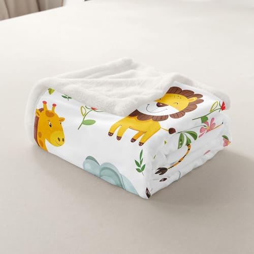 Cartoon Lion Giraffe Throw Blanket Cute Zoo Animals Fleece Flannel Blankets Kids Boys Girls Room Decor Lovely Elephants Trees Bed Blankets for Bed Sofa Couch White Orange Plush Blanket Throw 50"x60" - Image 7