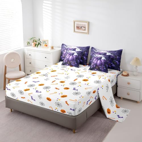 Erosebridal Halloween Pumpkin Full Comforter Set 7 Piece,Gothic Purple Floral Bedding Set with Sheets Spooky Ghost Bed in A Bag for Kids Adults,Spider Web Decor Bed Set with Comforter - Image 4
