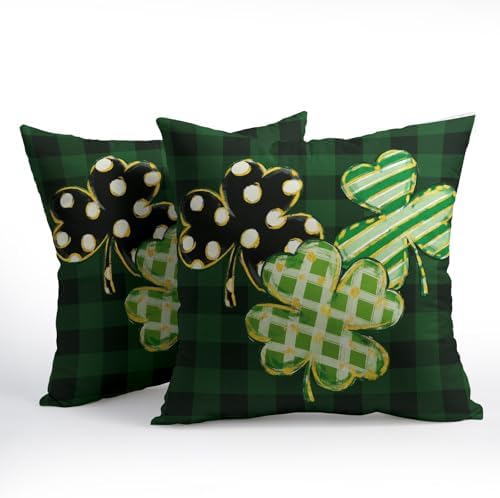 St Patricks Day Pillow Covers 22x22 Set of 2 Shamrock Clover Dark Green Throw Pillow Covers Spring Pillowcase Linen Farmhouse Decorative Buffalo Plaid Cushion Case Couch for Indoor Home Decor - Image 2