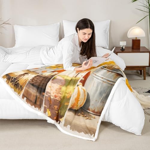 Fall Harvest Sherpa Blanket Pumpkin Scarecrow Wheat Throw Blanket Bedroom Living Room Soft Cozy Country Thanksgiving Blankets Decor for Bed Couch Sofa Orange Green Silvery Flannel Blankets 90"x90" - Image 4