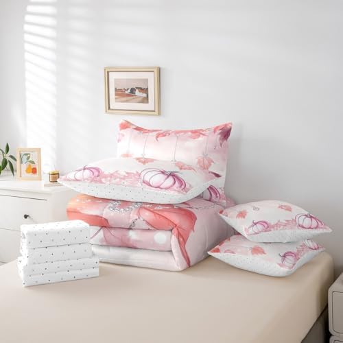 Erosebridal Pink Pumpkin King Bedding Set for Girls 7 Piece,Fall Maple Leaf Comforter Set for Kids Women Aesthetics Diamond Decor Bed in A Bag Girly Kawaii Autumn Theme Sheet Set with Comforter - Image 6