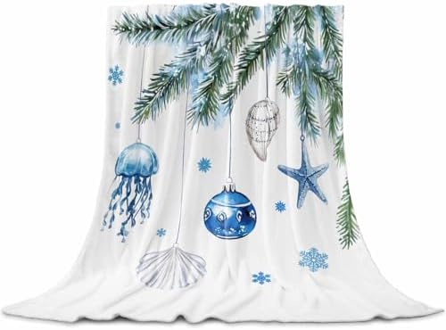 DecorLovee Blue Coastal Christmas Blanket 60"x80", Reversible Xmas Botanical Throw Blanket for Couch/Bed, Nautical Starfish Lightweight Soft Throw Blankets for Men, Warm Fuzzy Blankets for Winter by DecorLovee