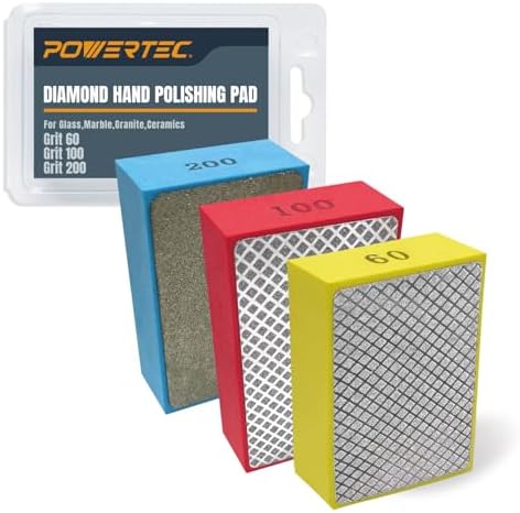 POWERTEC 72306 Diamond Hand Polishing Pads 3Pack, 60, 100 & 200 Grits, Diamond Sanding Block for Polishing and Grinding Porcelain, Ceramic Tile, Glass, Granite, Stone, Wood & Metal by POWERTEC