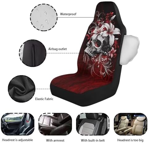 Bulopur Gothic Skull Front Auto Seat Covers for Women Girly Waterproof Car Seat Covers Air Bag Compatible Vehicle Bucket Protectors for SUV Truck Van Sedans
