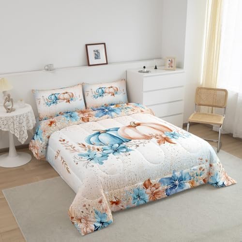 Erosebridal Blue Fall Decor Bedding Sets Full - Autumn Fall Pumpkin Comforter Set for Kids Adults Eucalyptus Flowers Duvet Insert Thanksgiving Harvest Farmhouse Quilt - Image 3