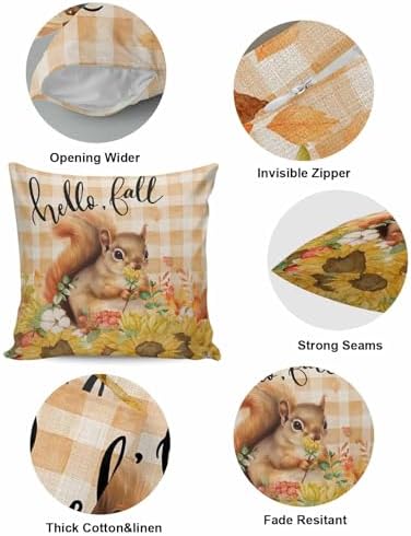 Fall Pillow Covers 16x16 Inch Set of 2, Thanksgiving Decorations Squirrel Sunflower Outdoor Throw Pillow Covers, Plaid Leaf Autumn Holiday Square Pillowcases for Patio Sofa Couch Bedroom Decorative - Image 5