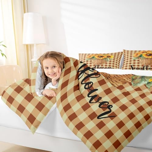Sunflower Geometric Plaid Comforter Set Full Size,Rustic Farmhouse Bedding Set 3pcs for Kids Girls Adults Home Room Decor,Autumn Floral Quilt Set Nature Yellow Duvet Insert,2 Pillowcases - Image 3