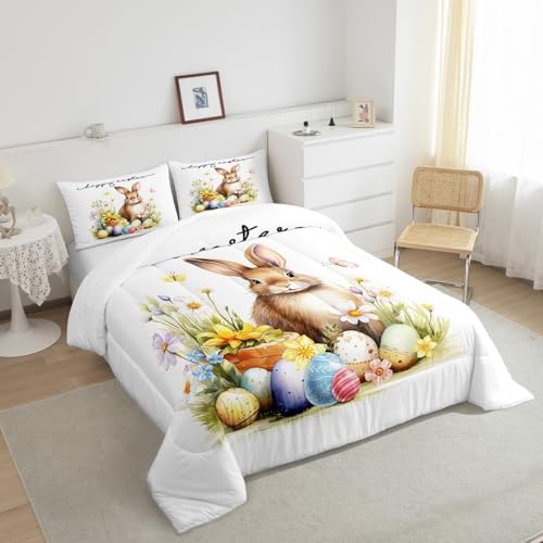Homewish Cute Rabbit Comforter Set Twin Size,Happy Easter Quilt Set Watercolor Egg Floral Bedding Set 2Pcs for Kids Girls Women Teens Room Decor,Nature Animals Plants Spring Duvet Insert,1 Pillowcase - Image 4