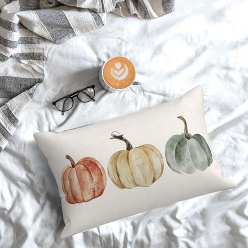 Fall Pillow Covers 12x20 Inch Set of 2 Watercolor White Orange Green Pumpkin Throw Pillows Outdoor Fall Decoration Pillow Cases Autumn Thanksgiving Lumbar Cushion Covers for Couch Sofa Decor - Image 4
