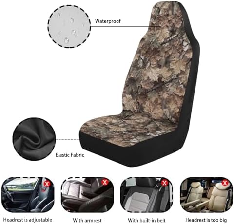 Camo Hunting Print Car Seat Covers Front Seats Only Waterproof Car Seat Covers Stretch Polyester Fabric Cover Fashion Auto Interior Universal Fit for Most Vehicle, Set of 2